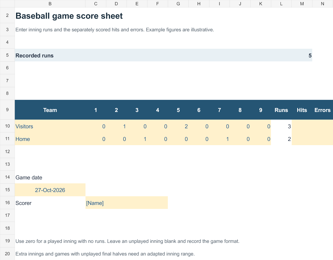 Baseball game score sheet — Excel workbook preview
