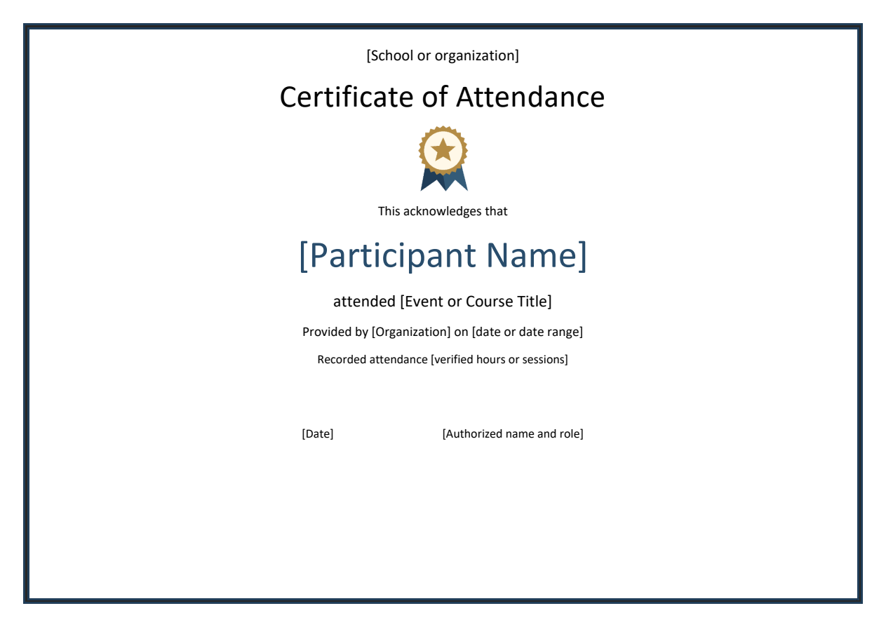 Certificate of attendance — Word template preview