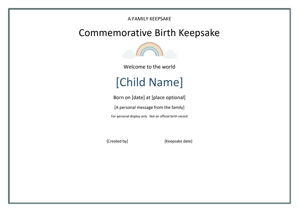 Commemorative birth keepsake — Word template preview