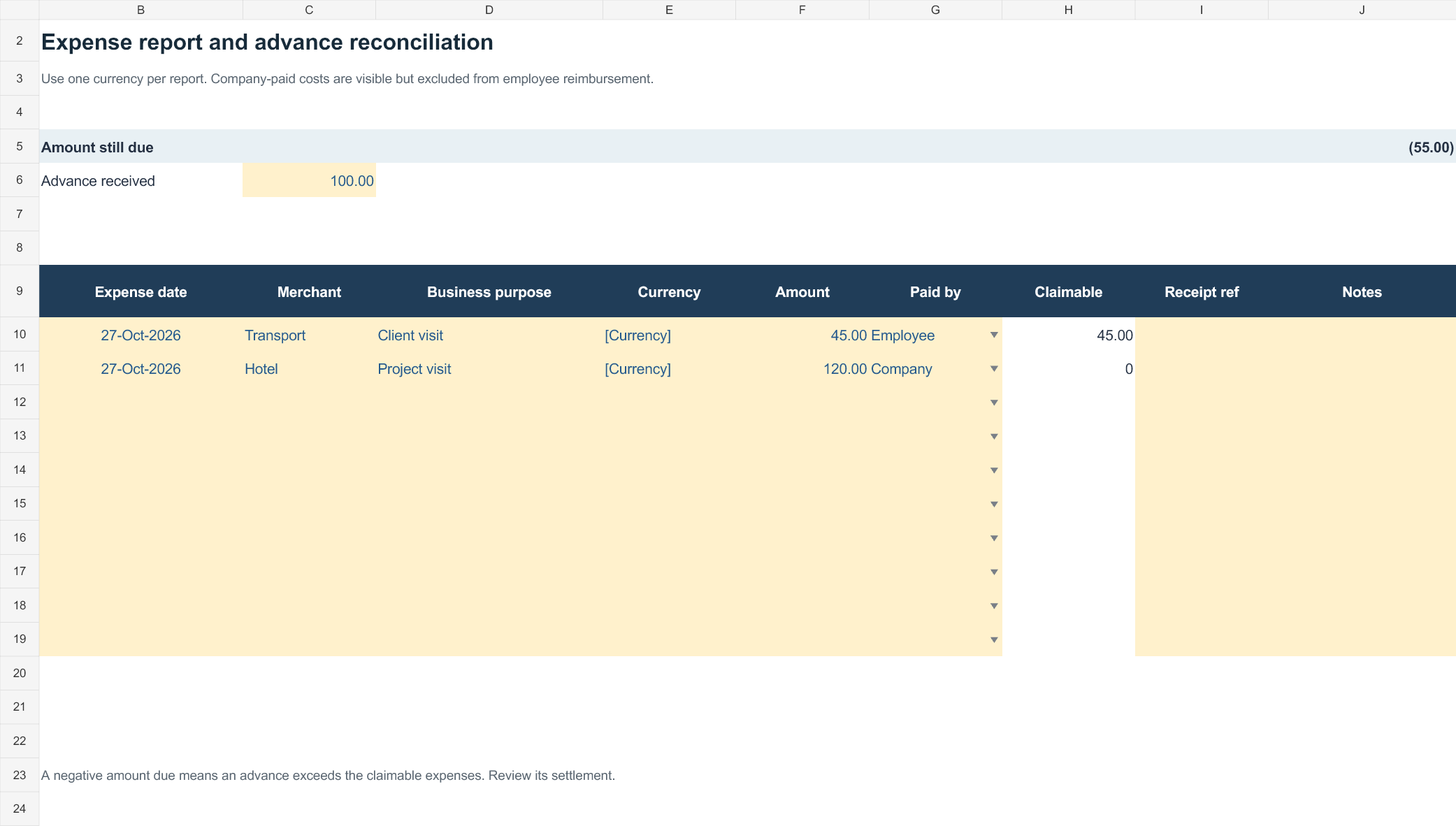 Expense report reconciliation — Excel workbook preview