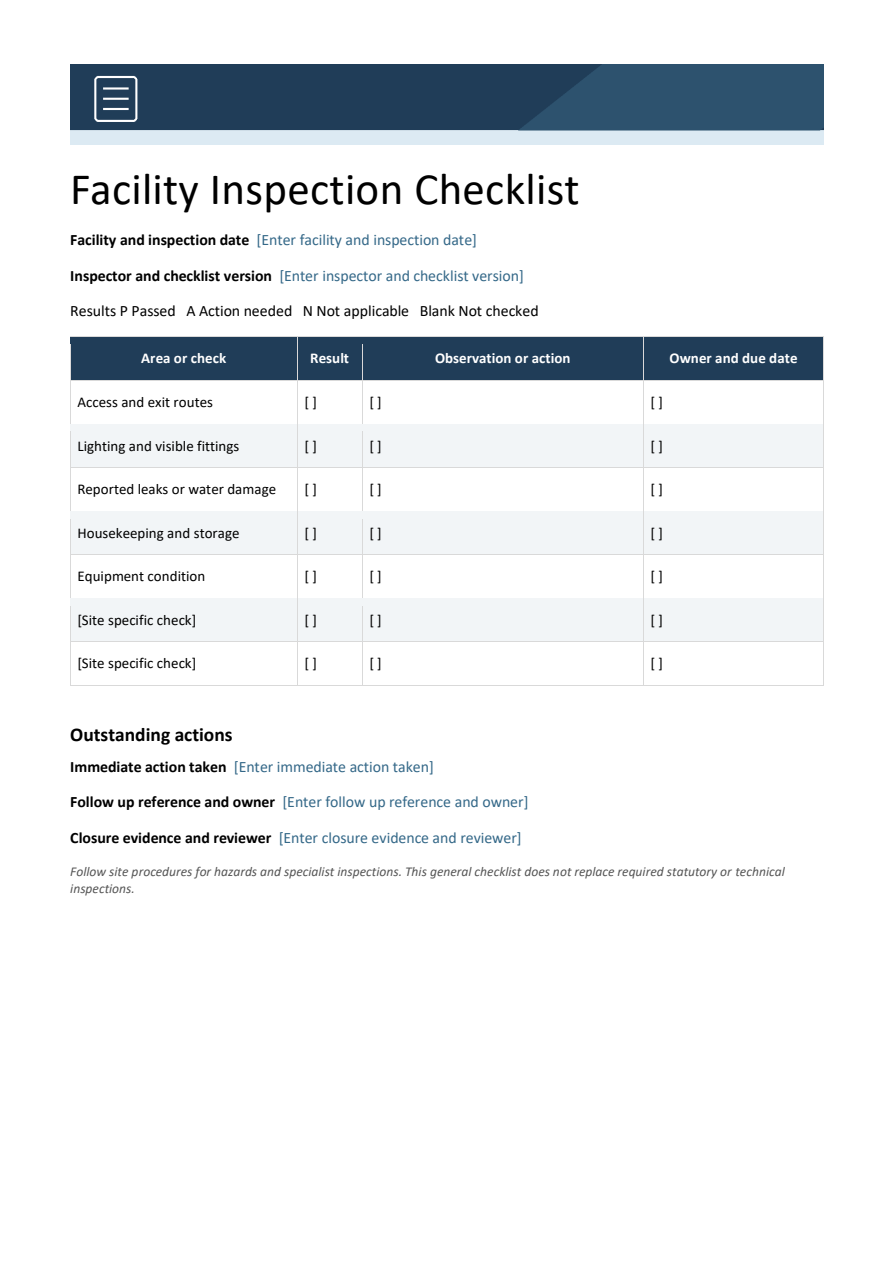 Facility inspection checklist — Word template preview