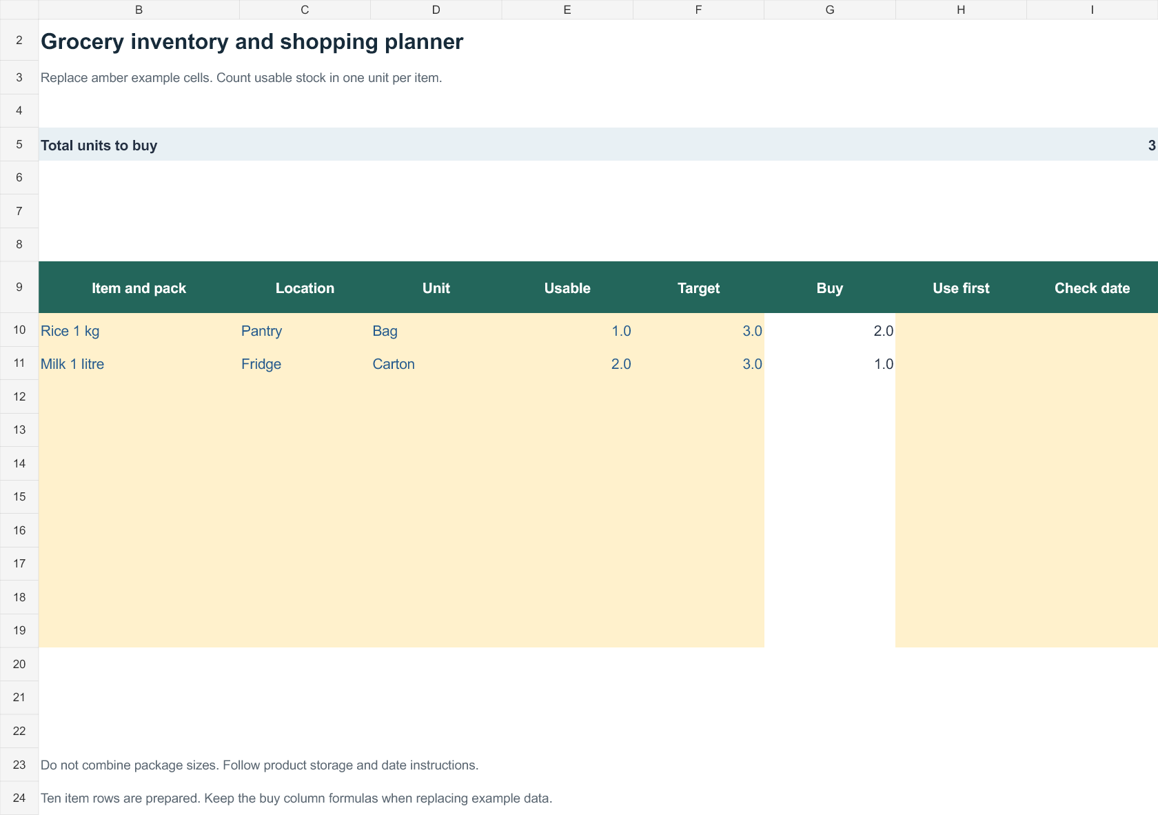 Grocery inventory shopping planner — Excel workbook preview