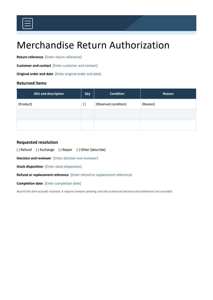 Merchandise return authorization — Word template preview