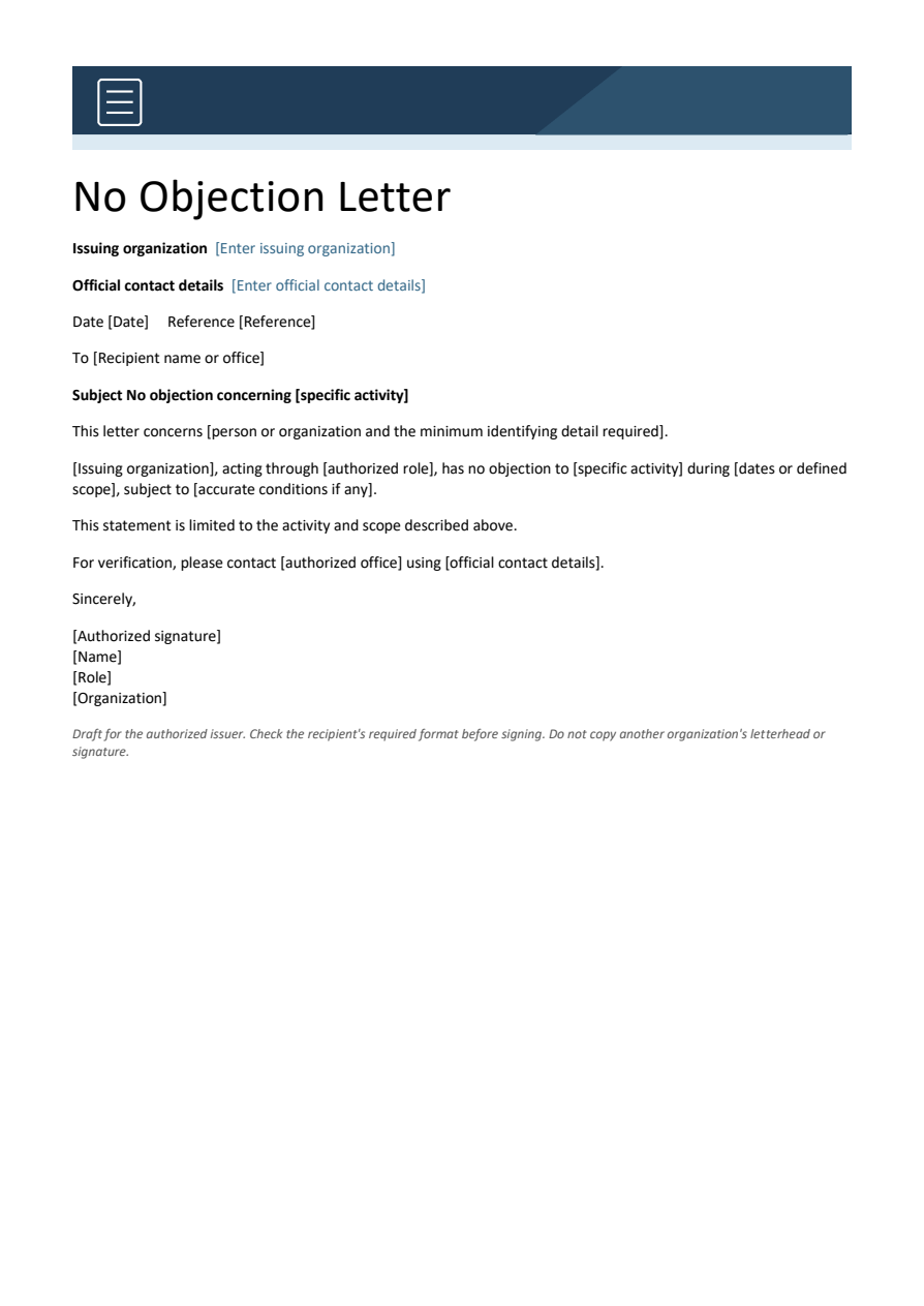 No objection letter — Word template preview