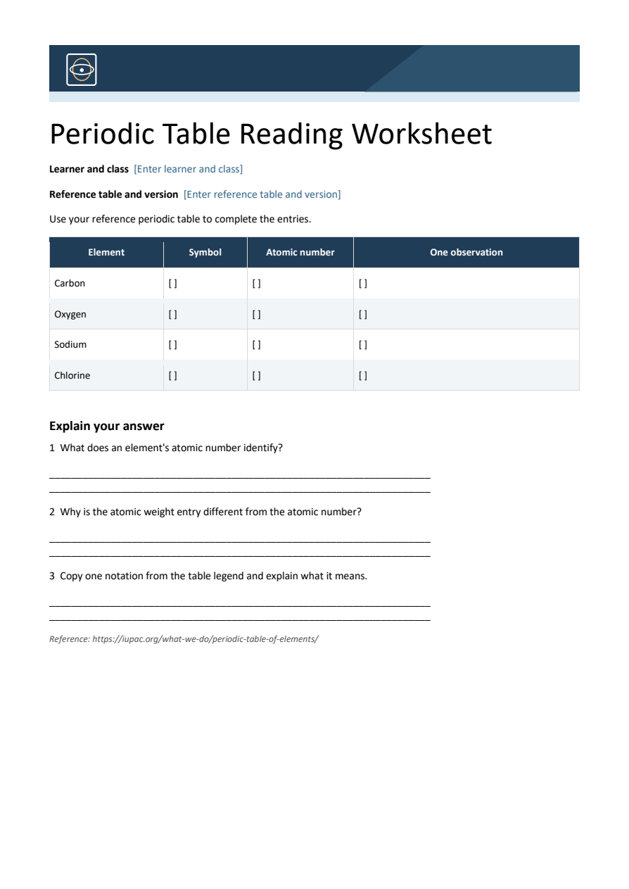 Periodic table reading worksheet — Word template preview