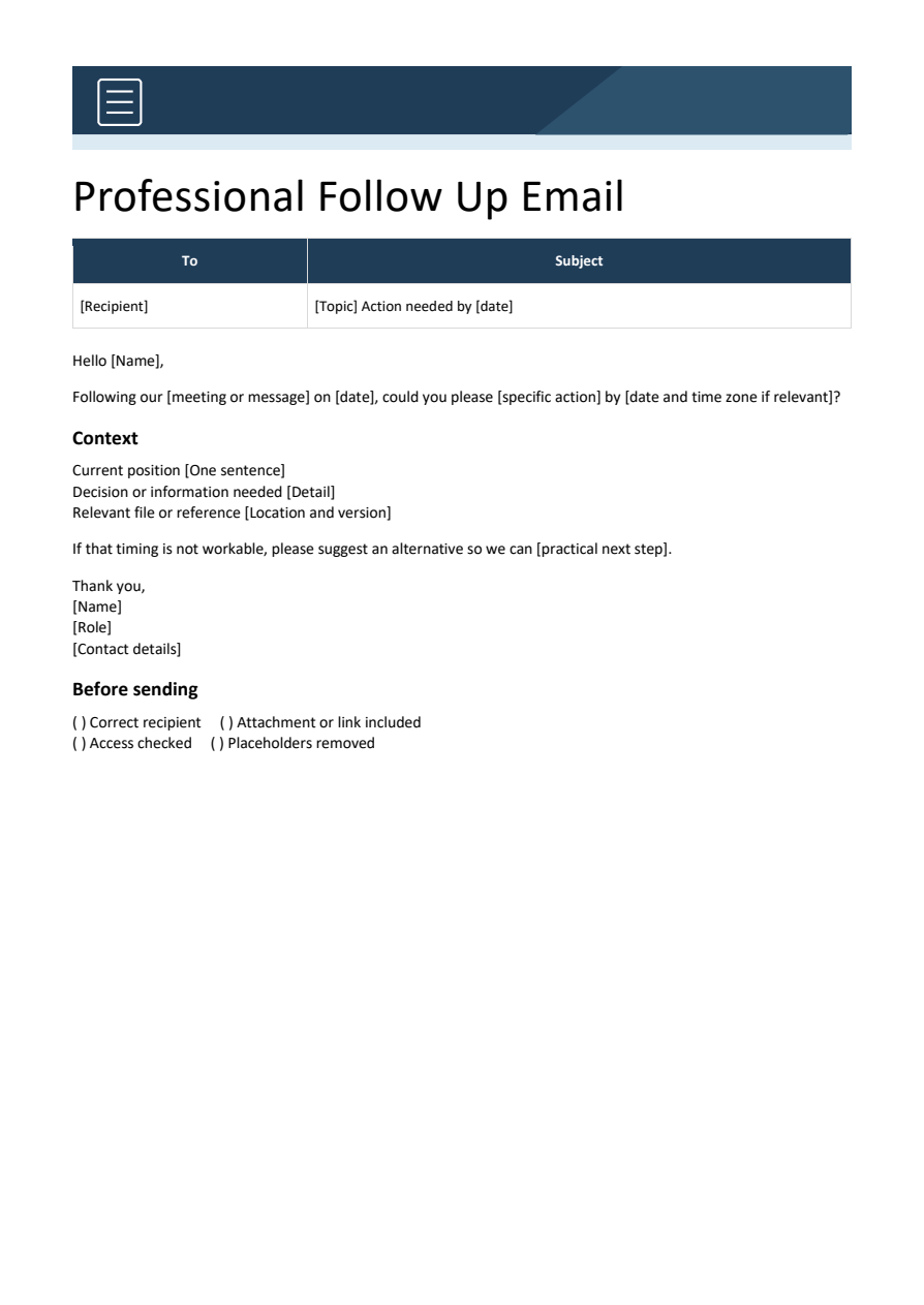 Professional follow up email — Word template preview