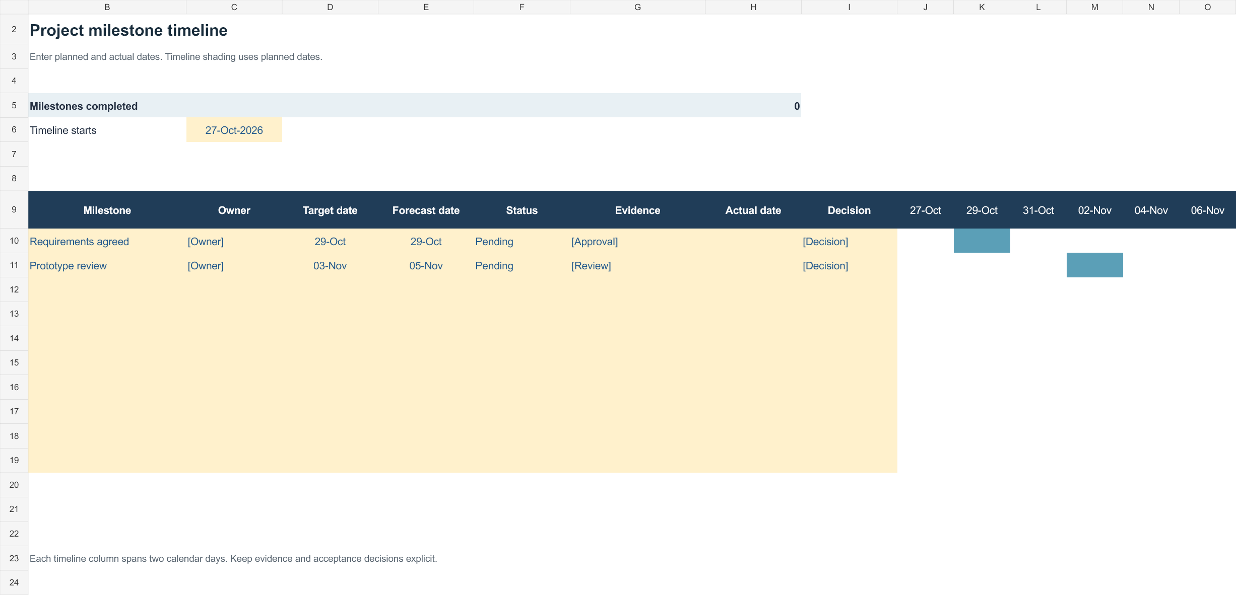 Project milestone timeline — Excel workbook preview