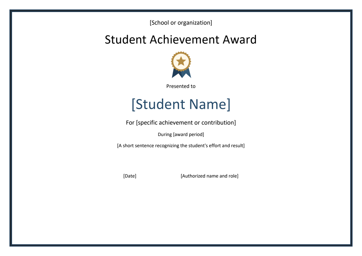 Student achievement award — Word template preview