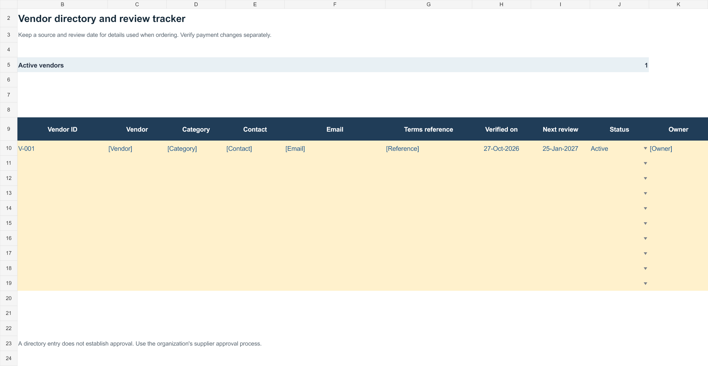 Vendor directory review tracker — Excel workbook preview
