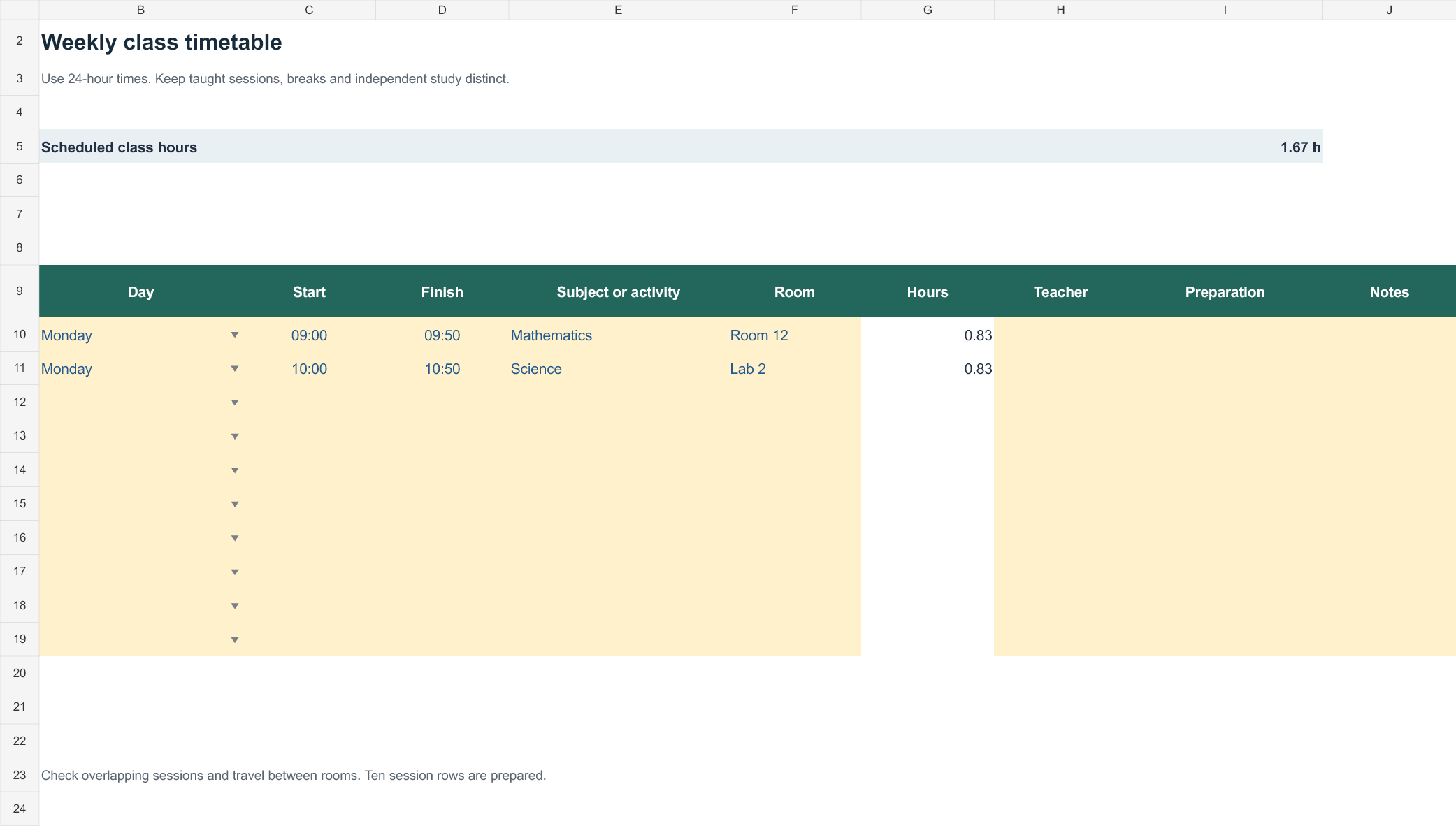 Weekly class timetable — Excel workbook preview